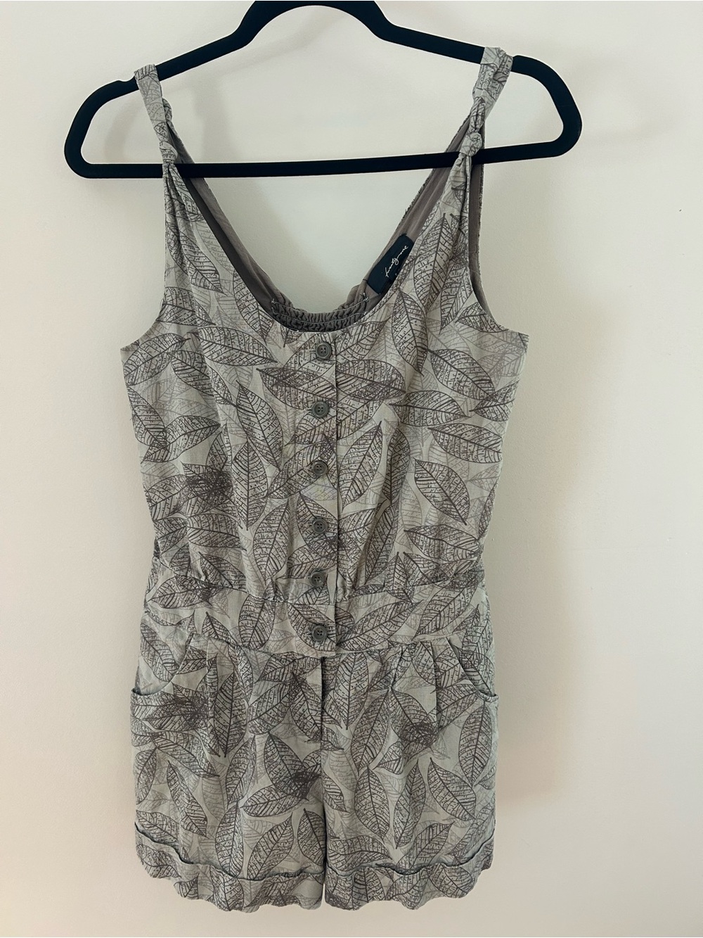 Linen Taupe and Cream Leaf Print Romper